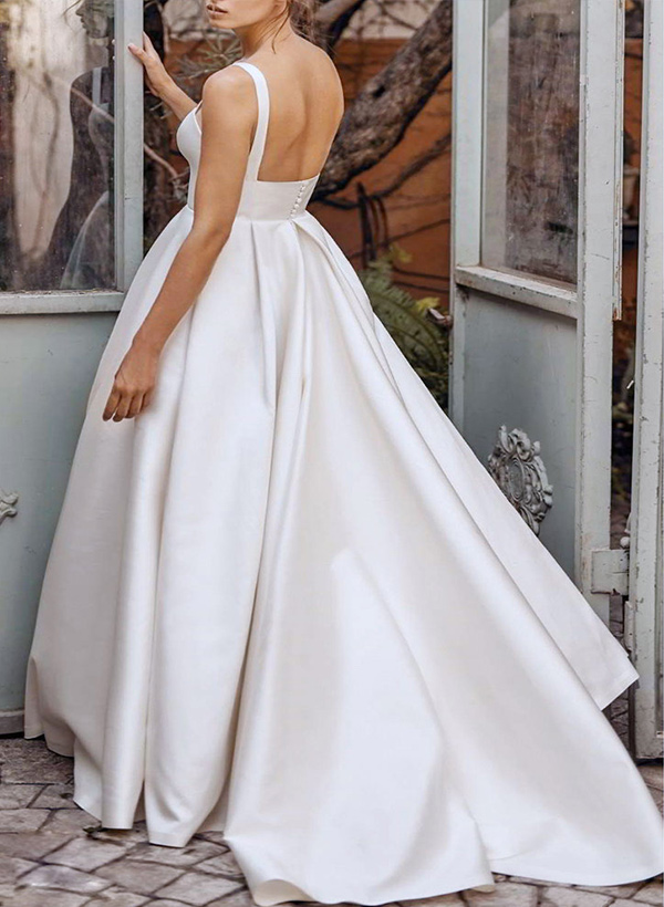 A-Line Sleeveless Square Neckline Satin Sweep Train Wedding Dresses With Pleated