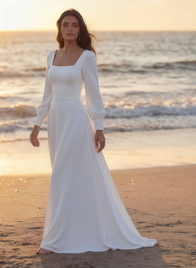 A-Line Square Neckline Long Sleeves Sweep Train Silk Like Satin Wedding Dresses