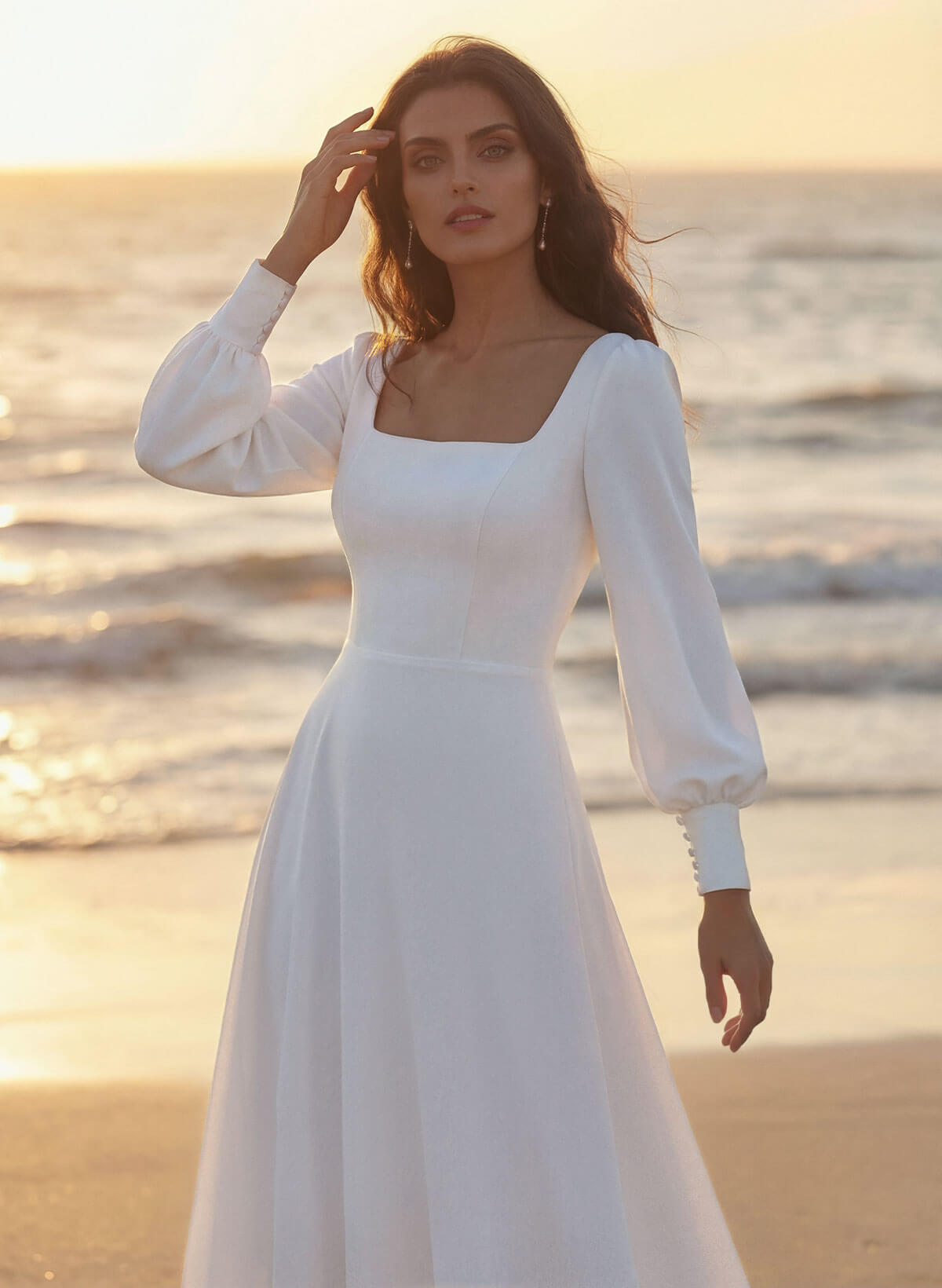 A-Line Square Neckline Long Sleeves Sweep Train Silk Like Satin Wedding Dresses