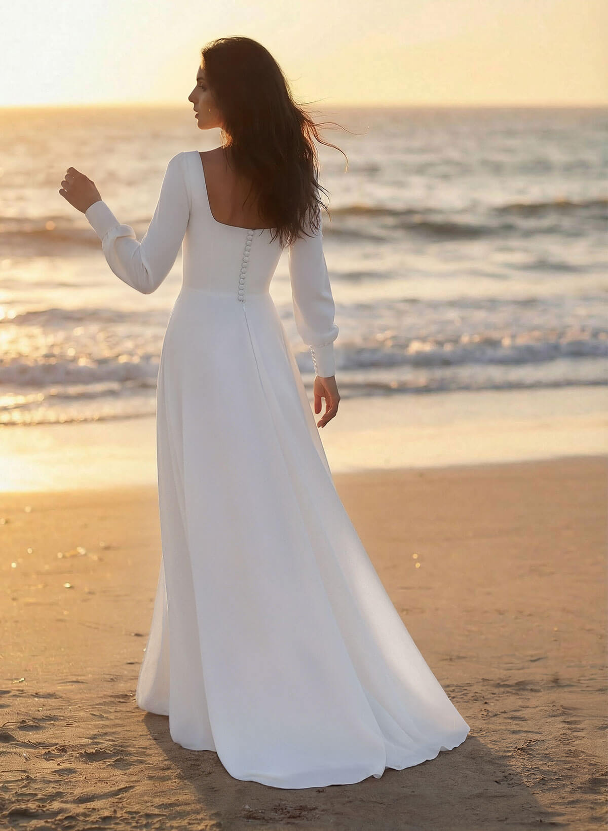 A-Line Square Neckline Long Sleeves Sweep Train Silk Like Satin Wedding Dresses