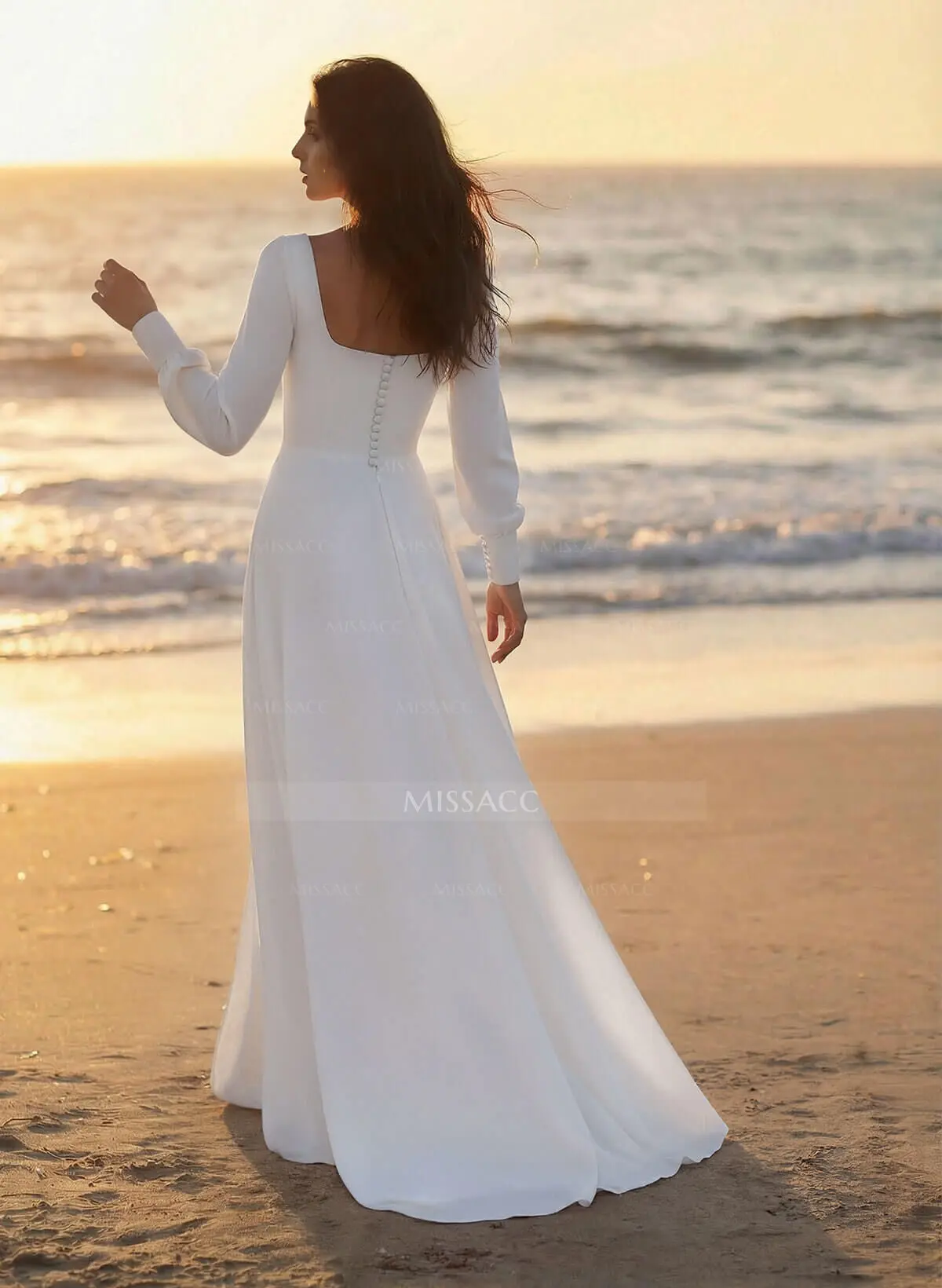 Missacc Ivory Bride A-Line Square Neckline Long Sleeves Sweep Train Silk Like Satin Wedding Dresses