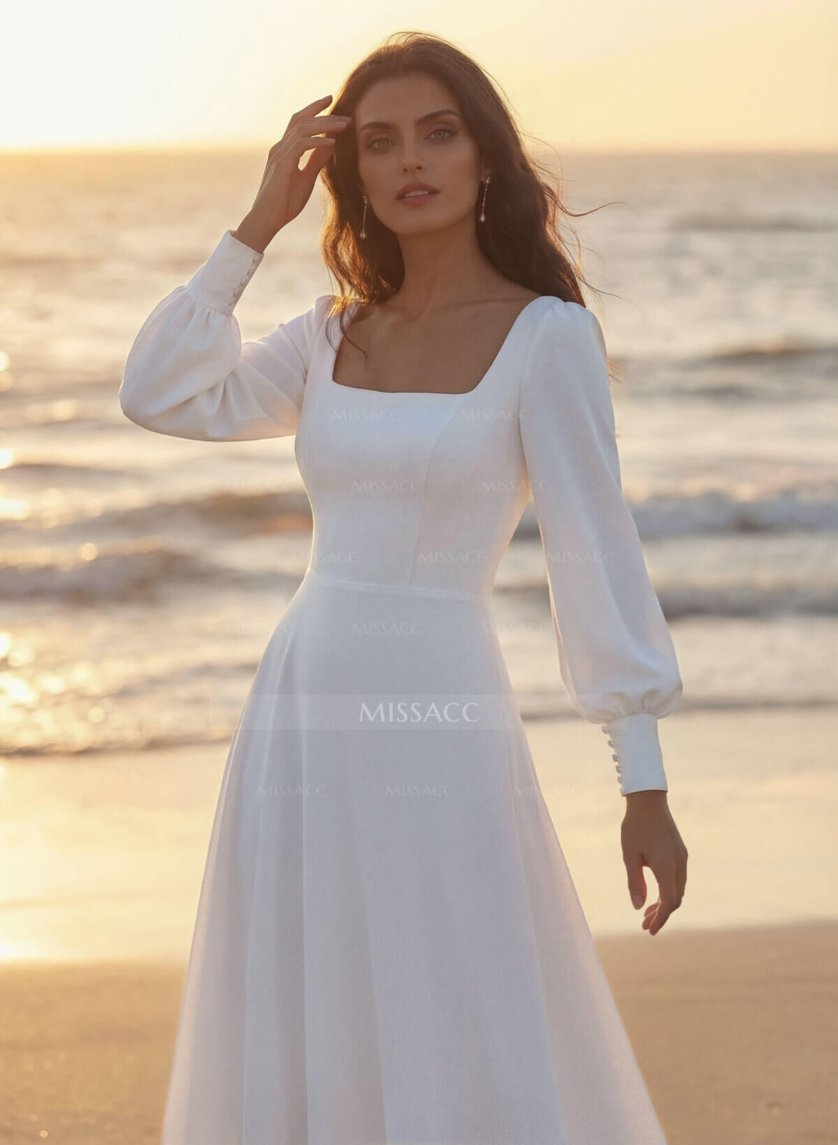 A-Line Square Neckline Long Sleeves Sweep Train Silk Like Satin Wedding Dresses