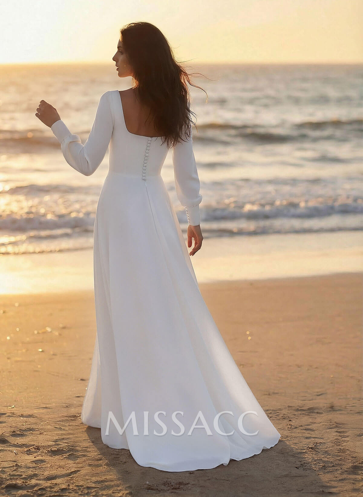 A-Line Square Neckline Long Sleeves Sweep Train Silk Like Satin Wedding Dresses A-Line Square Neckline Long Sleeves Sweep Train Silk Like Satin Wedding Dresses