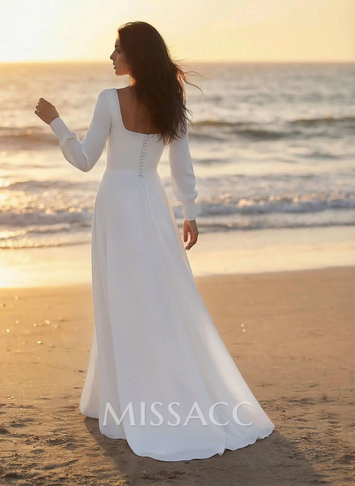 A-Line Square Neckline Long Sleeves Sweep Train Silk Like Satin Wedding Dresses - Missacc A-Line Square Neckline Long Sleeves Sweep Train Silk Like Satin Wedding Dresses - Missacc