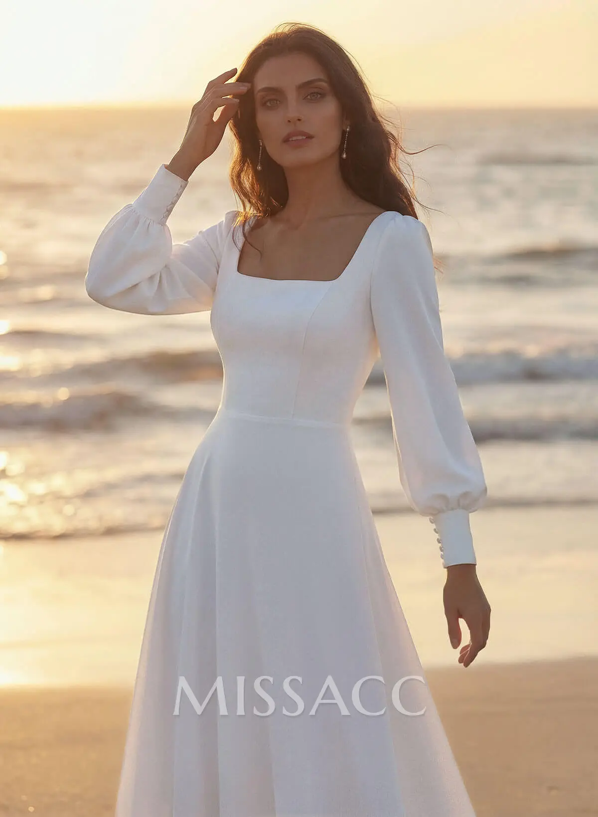 A-Line Square Neckline Long Sleeves Sweep Train Silk Like Satin Wedding  Dresses - Missacc