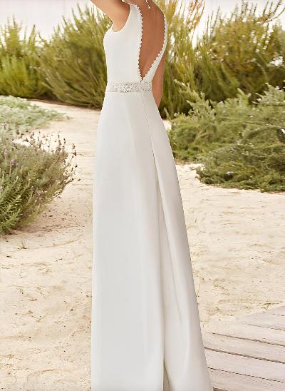 Jumpsuit/Pantsuit V-Neck Sleeveless Elastic Satin Floor-Length Wedding Dresses With Lace Sash