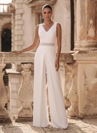 Jumpsuit/Pantsuit V-Neck Sleeveless Elastic Satin Floor-Length Wedding Dresses With Lace Sash