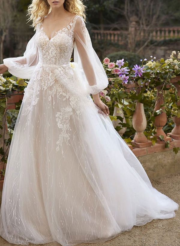 A-Line V-Neck Long Sleeves Lace Chapel Train Wedding Dresses With Appliques Lace
