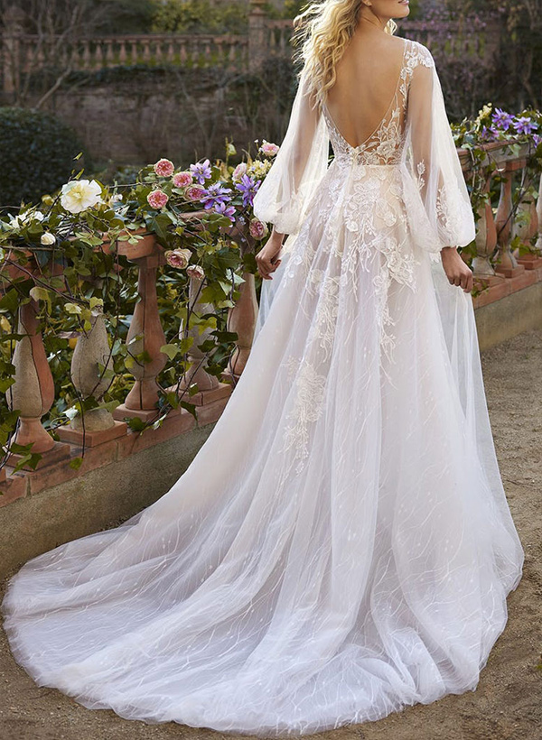 A-Line V-Neck Long Sleeves Lace Chapel Train Wedding Dresses With Appliques Lace