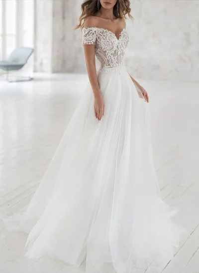 A-Line Off-The-Shoulder Short Sleeves Lace Tulle Court Train Wedding Dresses With Lace