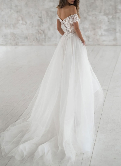 A-Line Off-The-Shoulder Short Sleeves Lace Tulle Court Train Wedding Dresses With Lace