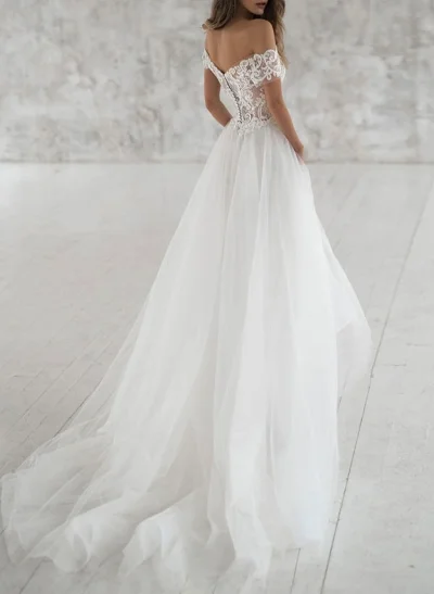 A-Line Off-The-Shoulder Short Sleeves Lace Tulle Court Train Wedding Dresses With Lace