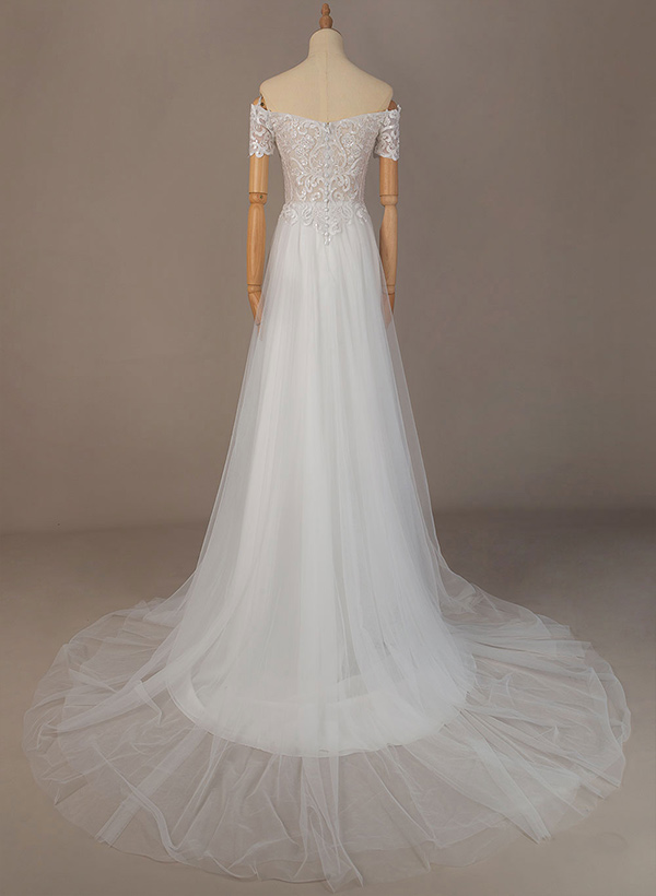 A-Line Off-the-Shoulder Short sleeves Lace Tulle Court Train Wedding Dresses With Lace