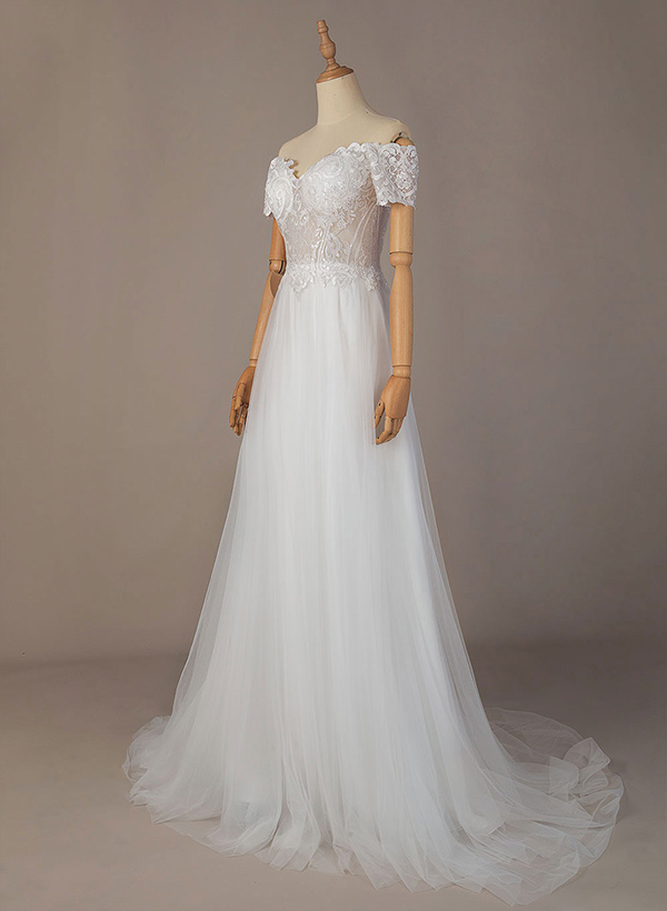 A-Line Off-the-Shoulder Short sleeves Lace Tulle Court Train Wedding Dresses With Lace