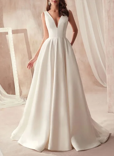 A-Line V-Neck Sleeveless Satin Sweep Train Wedding Dresses With Pleated