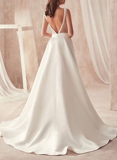 A-Line V-Neck Sleeveless Satin Sweep Train Wedding Dresses With Pleated