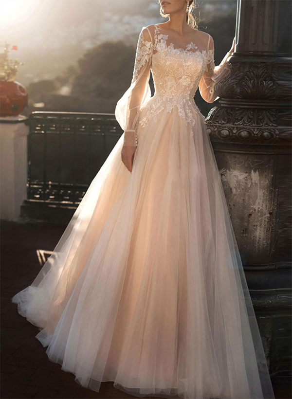 A-Line Scoop Neck Long Sleeves Tulle Lace Wedding Dresses With Appliques Lace Pleated