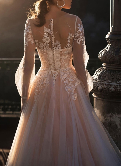 A-Line Scoop Neck Long Sleeves Tulle Lace Wedding Dresses With Appliques Lace Pleated