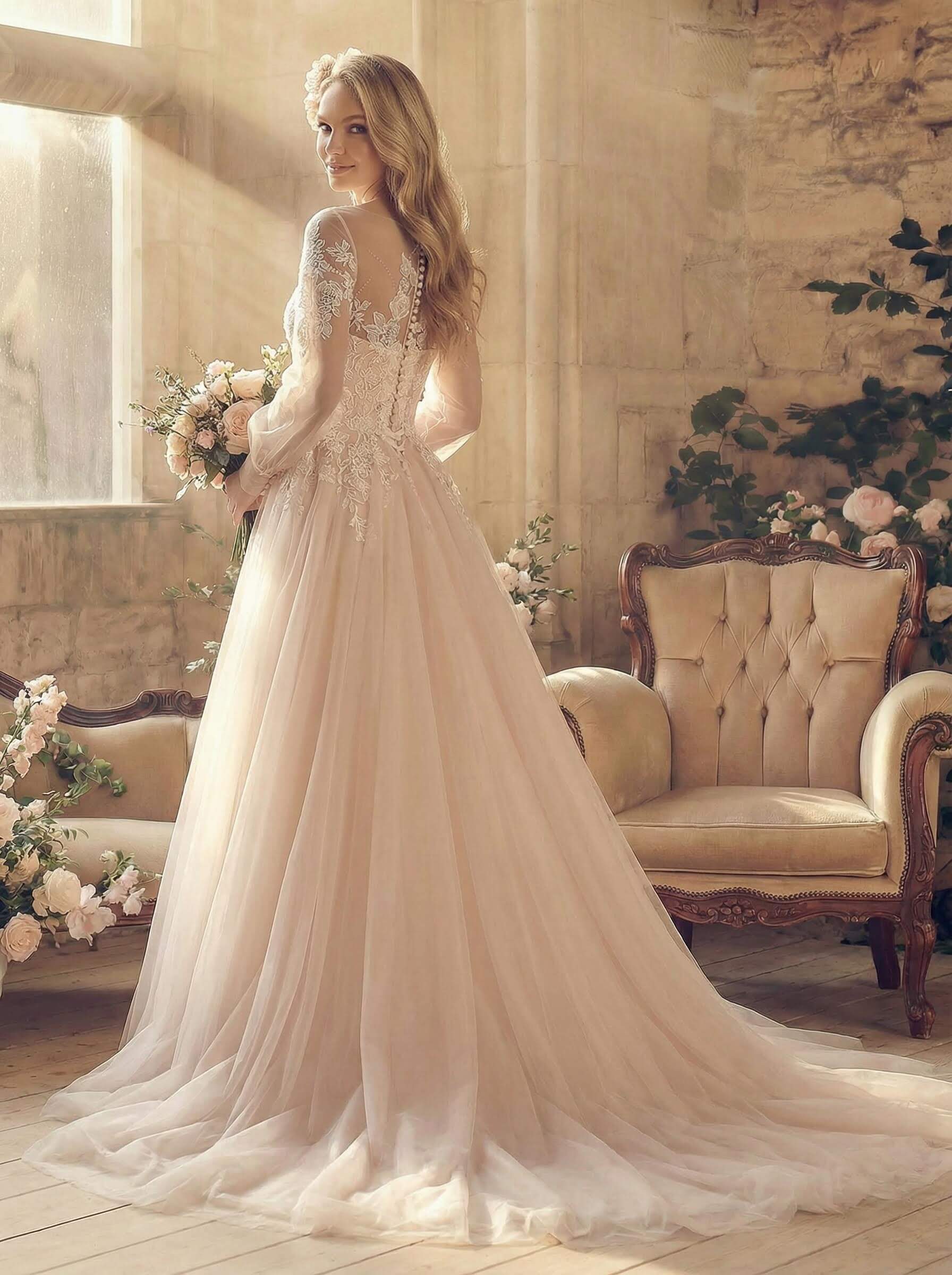 A-Line Scoop Neck Long Sleeves Tulle Lace Wedding Dresses With Appliques Lace Pleated