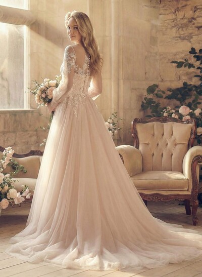A-Line Scoop Neck Long Sleeves Tulle Lace Wedding Dresses With Appliques Lace Pleated