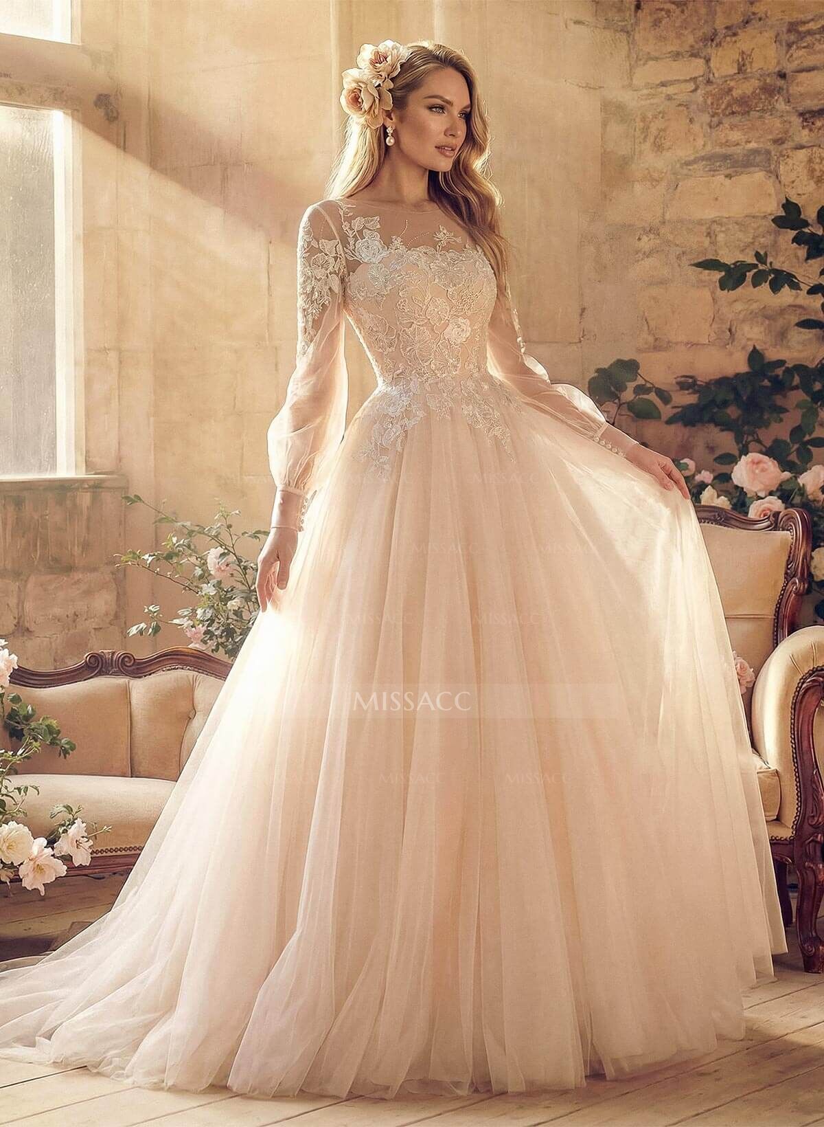 A-Line Scoop Neck Long Sleeves Tulle Lace Wedding Dresses With Appliques Lace Pleated