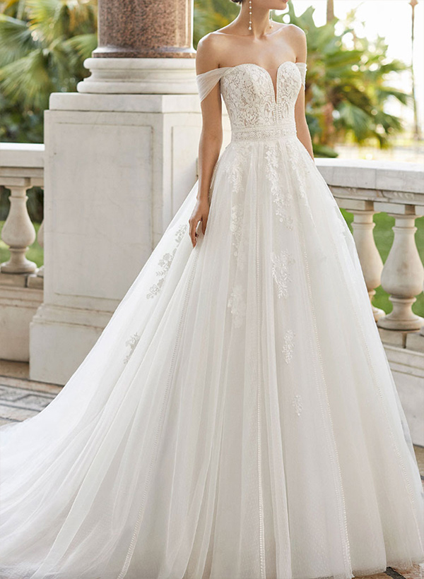 Ball-Gown Off-The-Shoulder Short Sleeves Tulle Lace Wedding Dresses With Appliques Lace