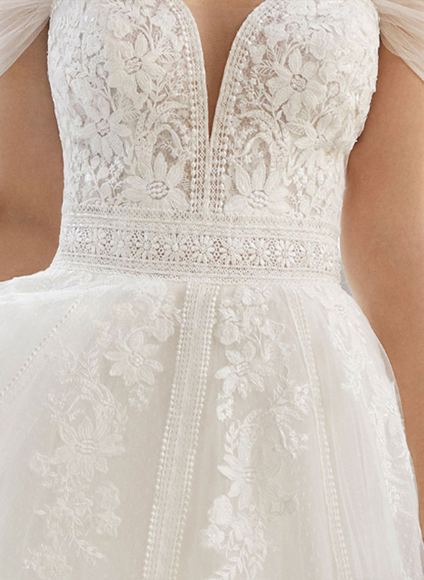 Ball-Gown Off-The-Shoulder Short Sleeves Tulle Lace Wedding Dresses With Appliques Lace