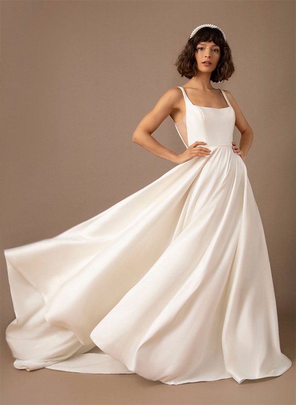 A-Line Square Neckline Sleeveless Satin Court Train Wedding Dresses With Pleated Pockets