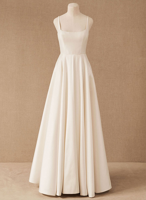 A-Line Square Neckline Sleeveless Satin Court Train Wedding Dresses With Pleated Pockets