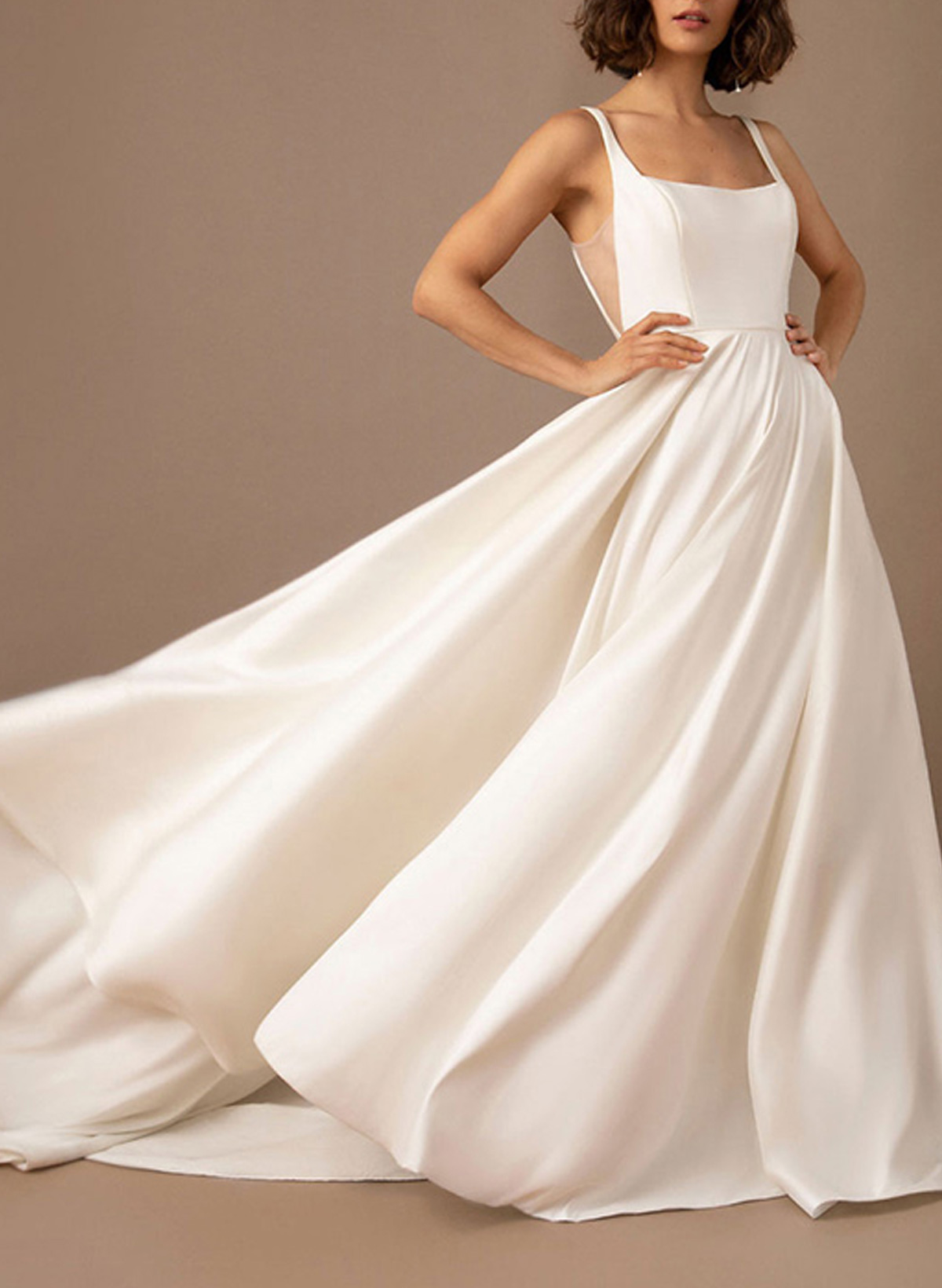 A-Line Square Neckline Sleeveless Satin Court Train Wedding Dresses With Pleated Pockets