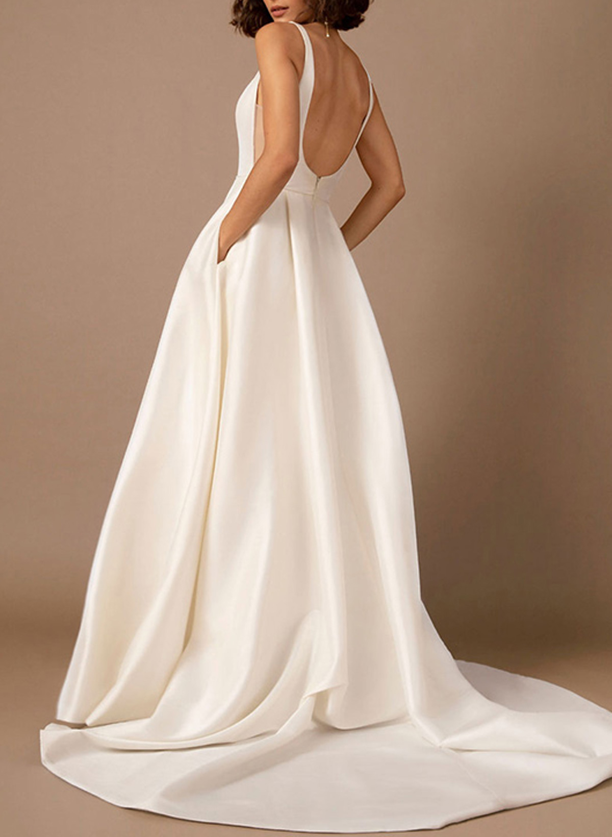 A-Line Square Neckline Sleeveless Satin Court Train Wedding Dresses With Pleated Pockets