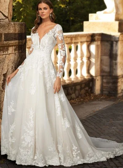 A-Line V-Neck Long Sleeves Tulle Lace Chapel Train Wedding Dresses With  Appliques Lace - Missacc