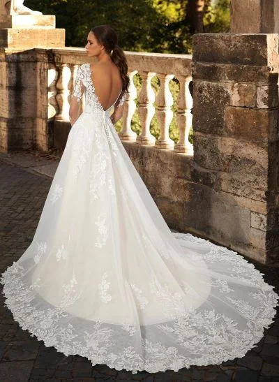 A-Line V-Neck Long Sleeves Tulle Lace Chapel Train Wedding Dresses With Appliques Lace