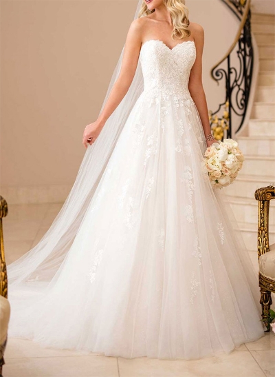 A-Line Strapless Sleeveless Tulle Lace Court Train Wedding Dresses With Appliques Lace