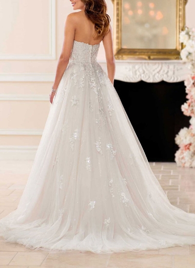 A-Line Strapless Sleeveless Tulle Lace Court Train Wedding Dresses With Appliques Lace