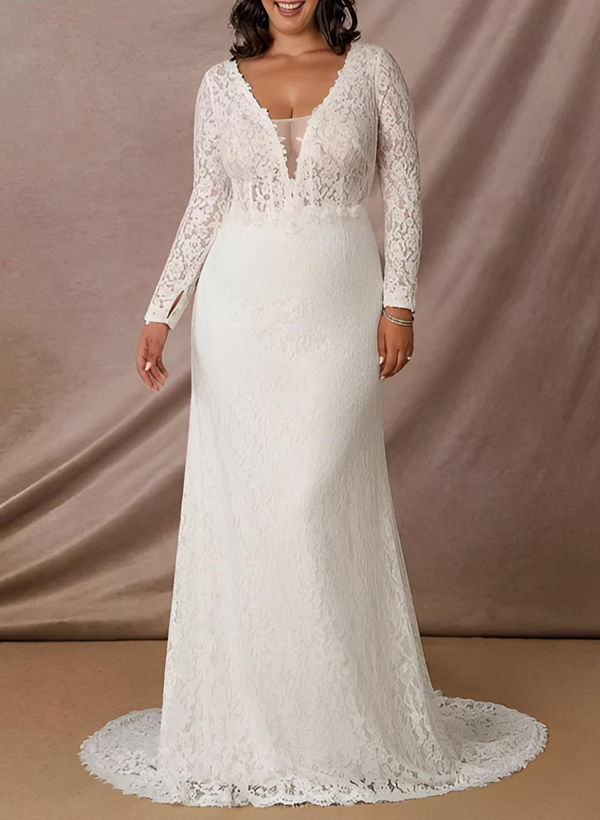 Trumpet/Mermaid V-Neck Long Sleeves Lace Sweep Train Wedding Dresses With Lace