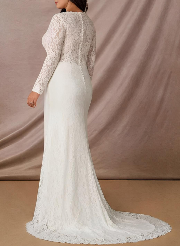 Trumpet/Mermaid V-Neck Long Sleeves Lace Sweep Train Wedding Dresses With Lace