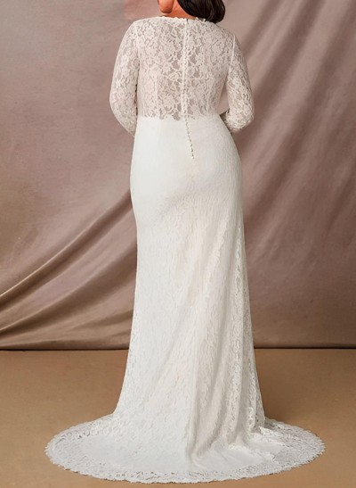 Trumpet/Mermaid V-Neck Long Sleeves Lace Sweep Train Wedding Dresses With Lace