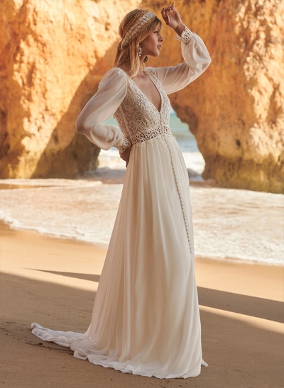 Ball-Gown V-Neck Long Sleeves Tulle Lace Sweep Train Wedding Dresses WIth Pleated Lace