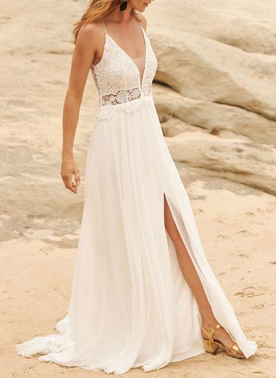A-Line V-Neck Sleeveless Chiffon Lace Sweep Train Wedding Dresses WIth Lace Split Front