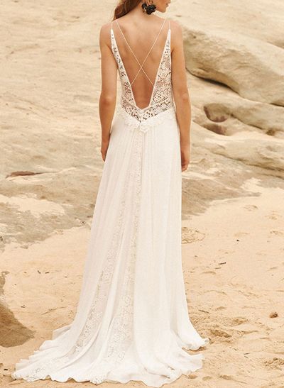 A-Line V-Neck Sleeveless Chiffon Lace Sweep Train Wedding Dresses WIth Lace Split Front