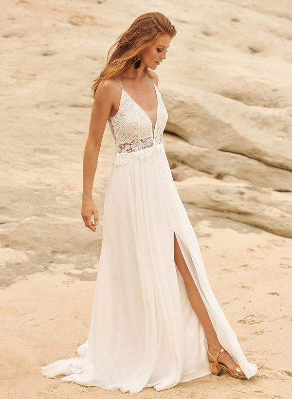A-Line V-Neck Sleeveless Chiffon Lace Sweep Train Wedding