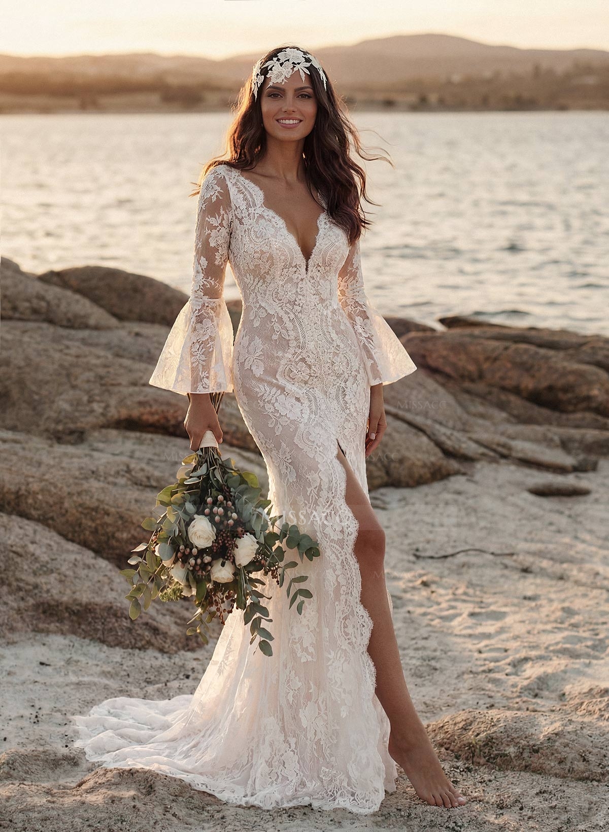 Trumpet/Mermaid V-Neck Long Sleeves Lace Court Train Wedding Dresses With Split Front Lace