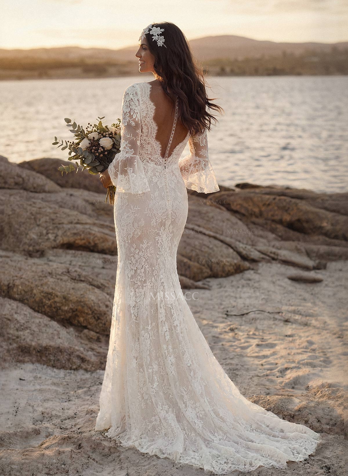 Trumpet/Mermaid V-Neck Long Sleeves Lace Court Train Wedding Dresses With Split Front Lace