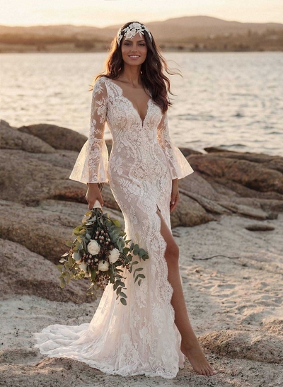 Trumpet/Mermaid V-Neck Long Sleeves Lace Court Train Wedding Dresses With Split Front Lace
