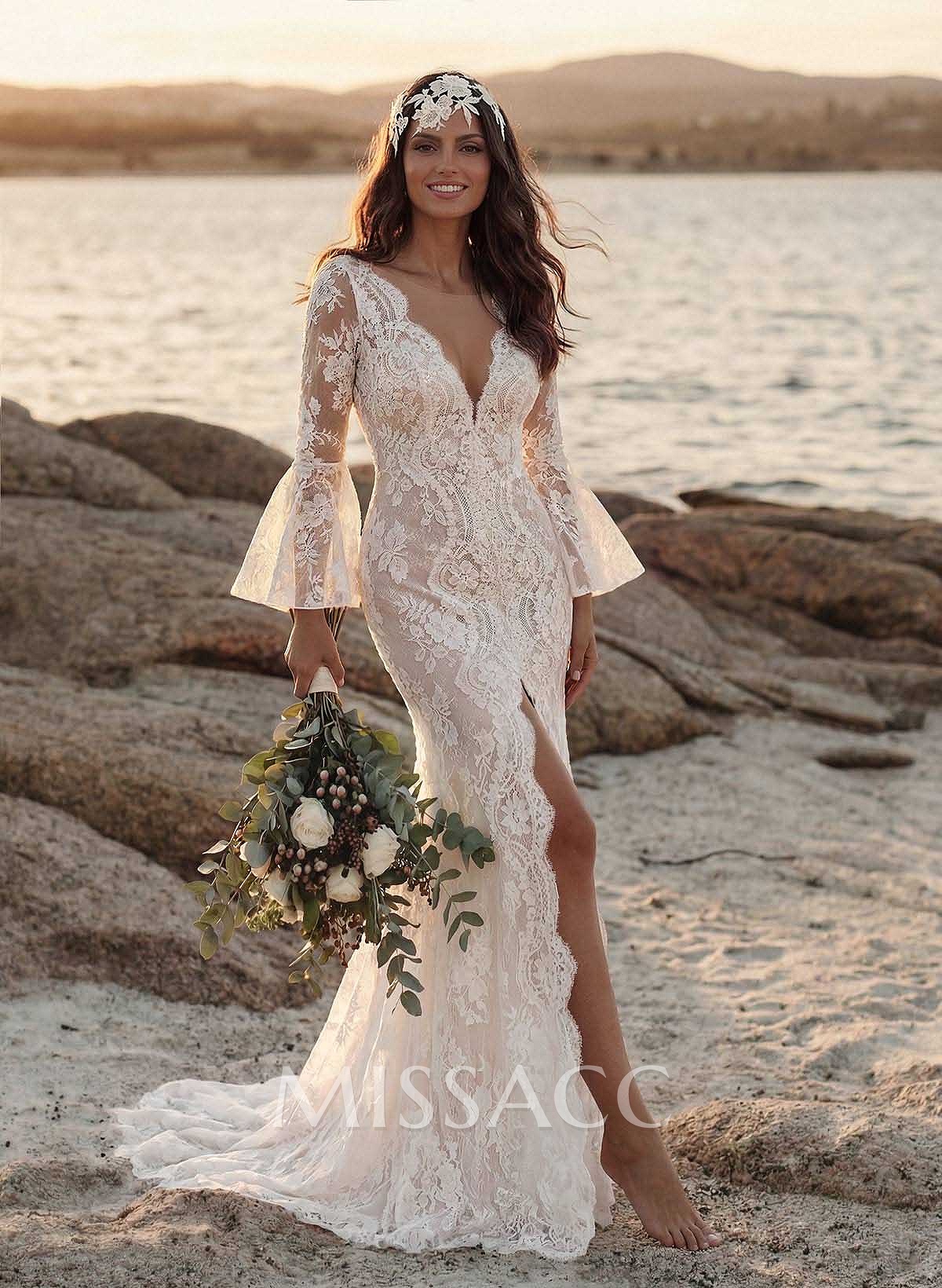 Trumpet/Mermaid V-Neck Long Sleeves Lace Court Train Wedding Dresses With Split Front Lace