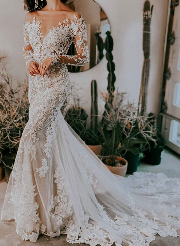 Trumpet/Mermaid Illusion Neck Long Sleeves Lace Chapel Train Wedding Dresses With Appliques Lace