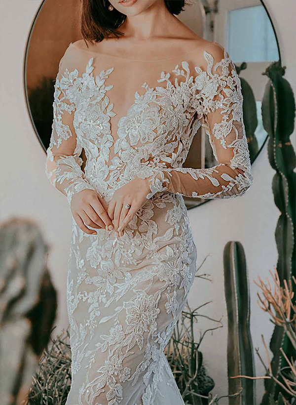 Mermaid Illusion Neck Long Gowns with Bow Dark Green