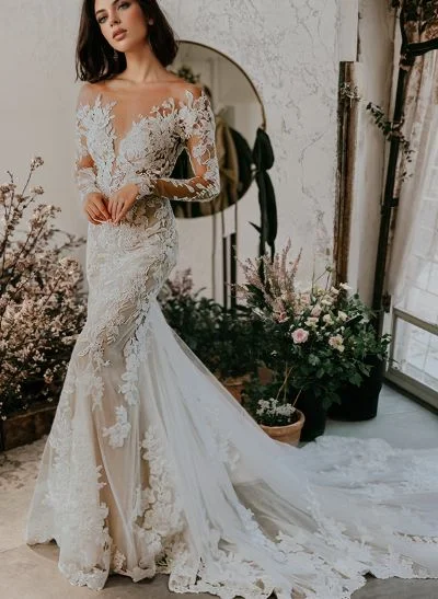 Luxury Trumpet Lace Applique Illusion Neck Long Sleeves Bare Back Wedding Dresses