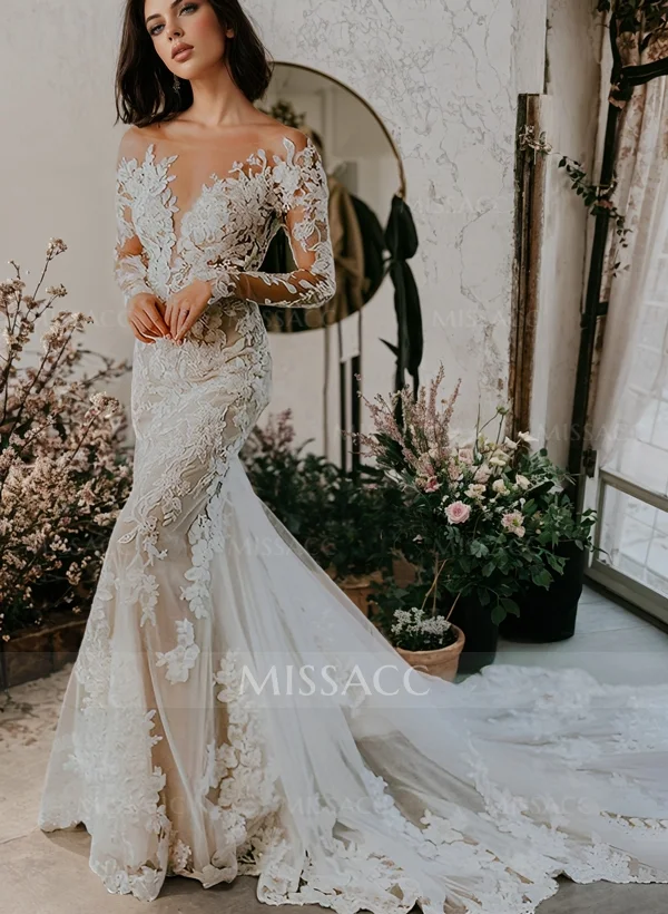 Missacc Bride Luxury Trumpet Lace Applique Illusion Neck Long Sleeves Bare Back Wedding Dresses